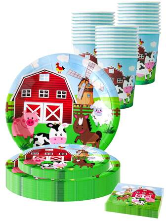 10 Pcs Farm Birthday Decorations Plates Set 10 Guests, Farm Animals Theme Shower Watercolor Paper Plates Napkins Cups Cutlery Set Party Supplies