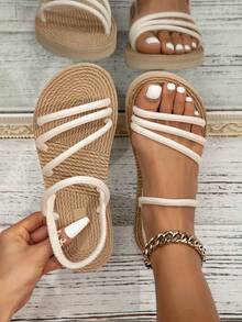 女士时尚凉鞋，草编夏季平底休闲沙滩拖鞋 - 米色 - 查看 1