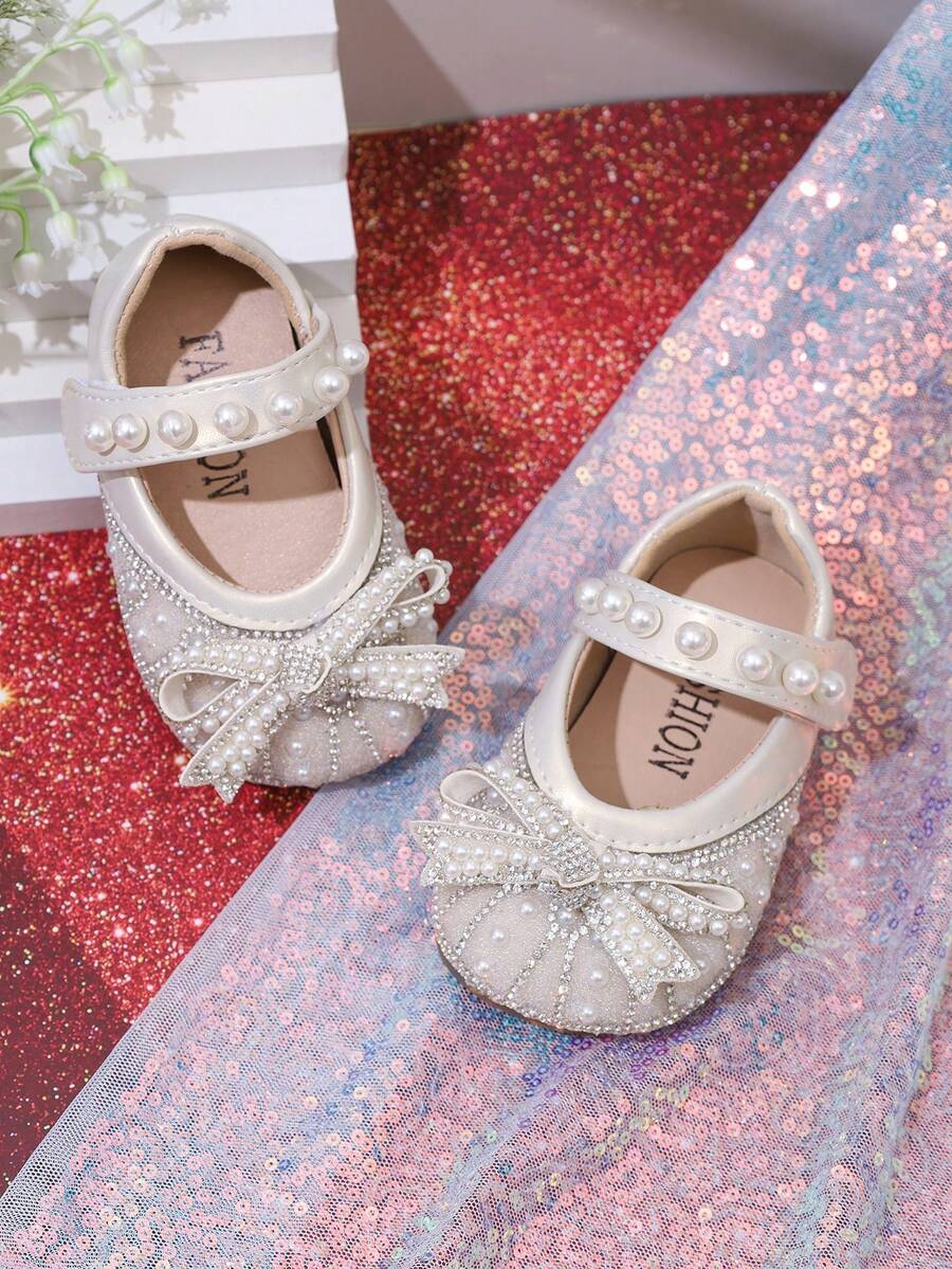 Baby Fashionable Mary Jane Shoes, Toddler Girls Spring/Summer Soft Sole Anti-Slip Walking Shoes With Glittery Bow, Suitable For Party, Formal Wear, Vacation - White - View 1