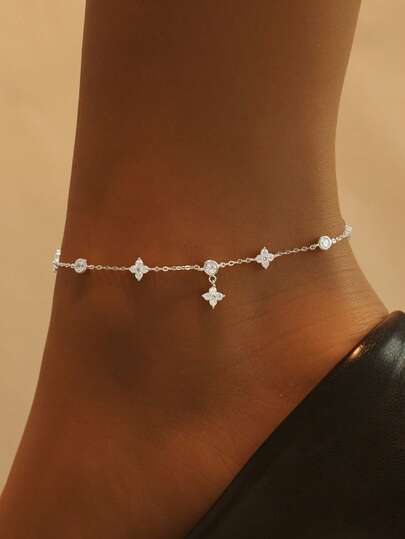 SYMFNY 1pc 925 Silver Cute & Fresh And Simple Four-Leaf Clover Cubic Zirconia Pendant Ankle Chain, Best Accessory For Women Going Out, Beach, Vacation