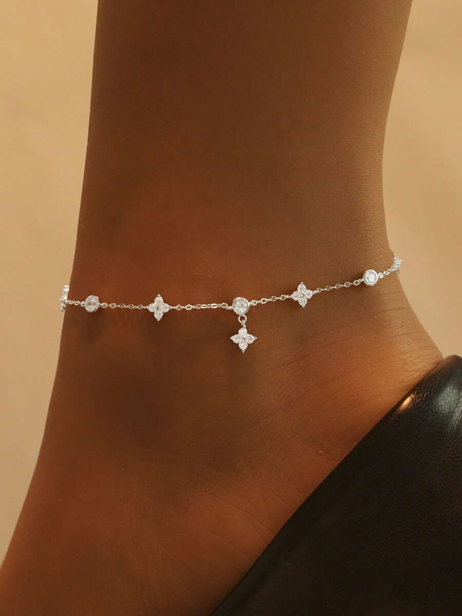 SYMFNY 1 szt. 925 Srebro Ładny i świeży i prosty czterolistny koniczyna cyrkonia wisiorek łańcuszek na kostkę, najlepszy dodatek dla kobiet wychodzących, plaża, wakacje