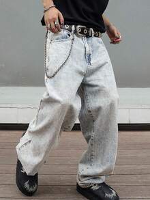 Men's Baggy Straight Jeans Street Style Loose Fit Vintage Denim Pants Full Length Y2K Look Casual No Stretch Blue Wash - 淺色水洗藍 - 查看 4