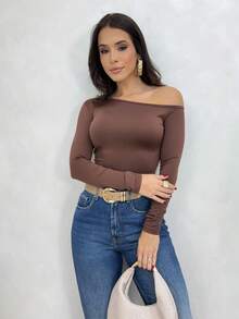 Women's Minimalist Asymmetric Shoulder Long Sleeve Fitted T-Shirt Top, Daily Use, Fall/Winter Festa Junina Festa São João - 鏽棕色 - 查看 3