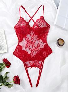 Plus Size Sexy Lingerie For Women, Lace Patchwork Semi-Sheer Bodysuits Exotic Costume