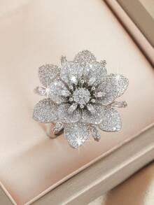 1pc Elegant Cherry Blossom Adjustable Ring, Exquisite Zirconia Flower Design, Eternal Love, Wedding & Valentine's Day Gift - Silver Big Flower - View 15