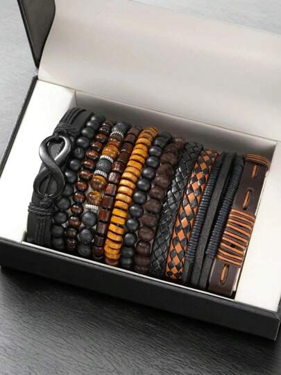 12pcs/Set Men's Vintage Casual Beaded PU Leather Bracelet Set, Suitable For Daily, Outdoor, Sports, Fashionable Boyfriend Gift