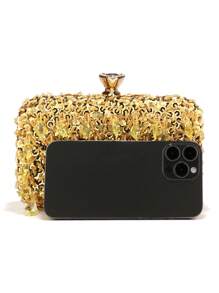Retro Beaded Evening Clutch Bag, Removable Shoulder Strap, Solid Color Polyester Handbag With Buckle Closure And Decorative Box-Shaped Wallet, Suitable For Banquets And Parties