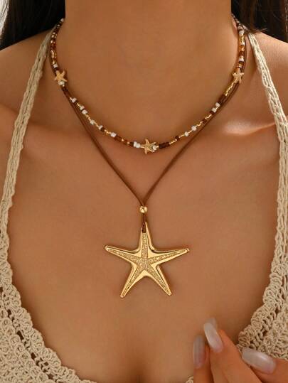 Set de 2 collares de estilo bohemio hechos a mano con cuentas y colgante de estrella de mar grande, collar tipo choker versátil y de moda adecuado para uso diario, viajes y fiestas. La dirección de la estrella de mar es aleatoria y no fija.