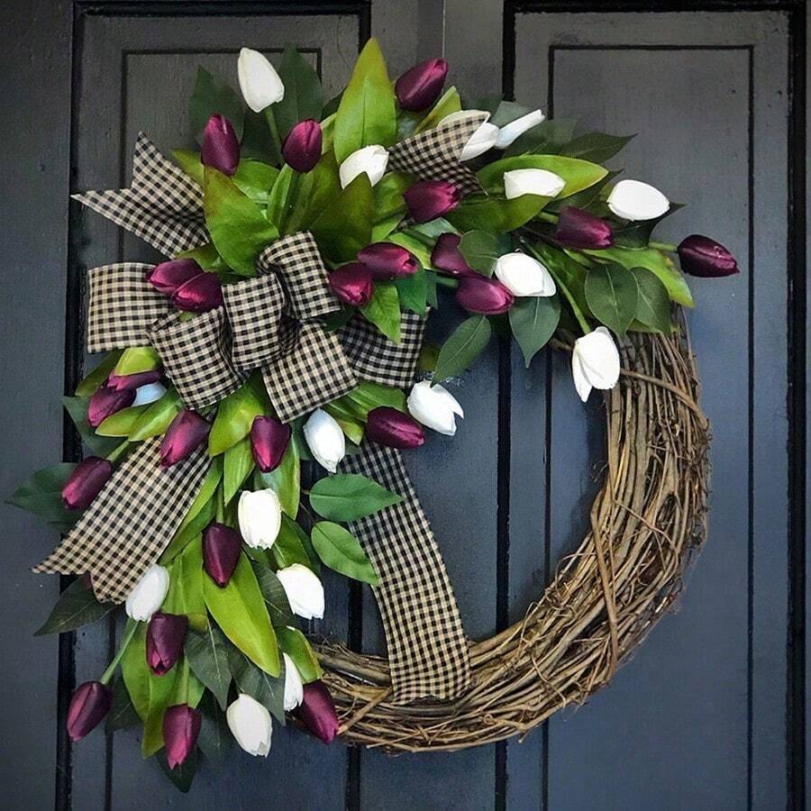 Spring Summer Front Door Wreaths, 14in Lemon Summer Decor Pansy Wreaths Sunflower Daisy Tulip Spring Handmade Flower Outdoor Wreaths Greenery Wreaths Boxwood Green Wreaths Colorful Tulip - 紫色 - 查看 1
