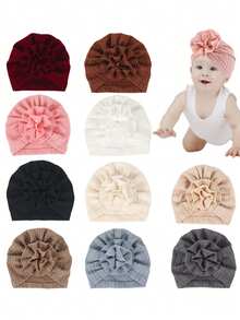 6 Stücke/Packung Baby Beanie Mützen mit Blumen- und Weizenmustern, sehr elastisch & weich, geeignet für Innen- und Außenbereich