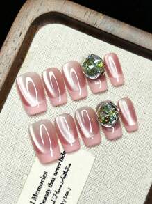 Handmade Nail Art Reusable Artificial Nails, French Dual-Color Glitter Rhinestone, Fashionable High-End, For Women, Comes With Nail Tools