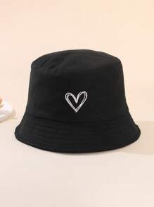 1pc Vintage Solid Color Heart Embroidery Kids Bucket Hat, Outdoor Sports Travel Sun Protection Sunscreen Bucket Hat For Boys And Girls