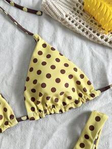 女士性感比基尼泳装，复古碎花双面三角比基尼沙滩套装，适合海滩女孩夏季度假 - 米棕色 - 查看 9