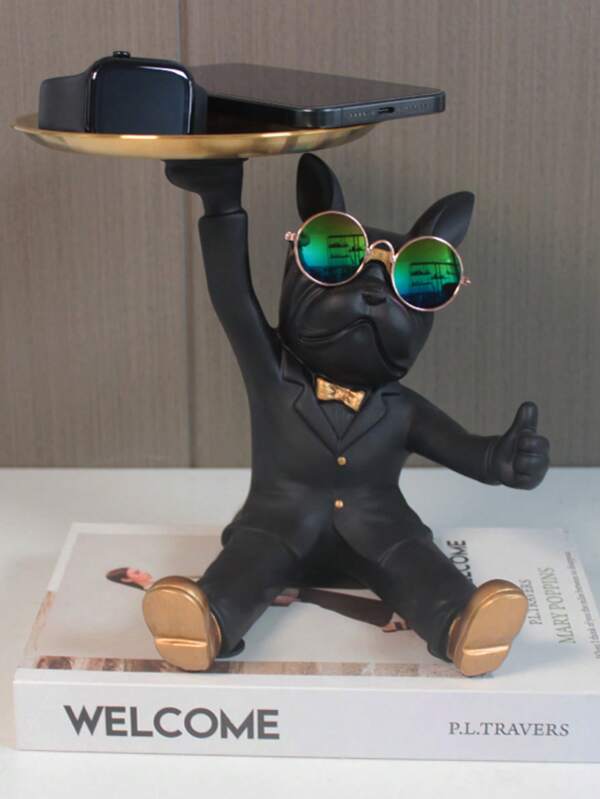 2 Different Style Decorative Figurines: French Bulldog Key Holder & Candy Dish, Resin Home Decor Pieces - Butler Statue Key Bowl For Entrance, Desk, Dining Table, Office Accessories