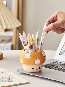 1个可爱蘑菇笔筒，儿童/女孩办公桌收纳装饰，开学季，儿童节礼物 - 彩色 - 查看 16