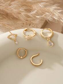 Bộ 5 chiếc khuyên tai mặt dây chuyền hình giọt nước và ngôi sao Cubic Zirconia thời trang, thích hợp làm phụ kiện đi làm hàng ngày, trang sức bằng đồng - Vàng - Xem 2