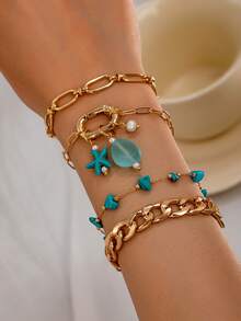 4 件套珊瑚贝壳海星手链套装，适合女士，夏季海滩手链度假风格珠宝链式手链 - A11684 - 查看 8