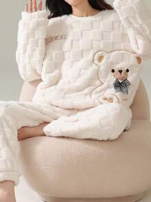 Cute Striped Wool Pajama Set - Thermal Lined Bear Pattern Warm Sleepwear Set, Soft Polyester Long Sleeve Top & Pants, Suitable For Christmas & New Year, 2-Piece Teenage Girls Home Set, Autumn/Winter