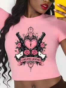 Gun And Rose Placement Print,Women's Crop Length Slim Fit Round Neck Short Sleeve T-Shirts&Top,Rose&Slogan Letter,Daily&Beach&Night Out&Holiday&Office&Home&Street,For Spring&Summer&Fall,Vacation, Vacation,Summer Tops,Summer For Women,Summer,White Top - Baby Pink - View 3