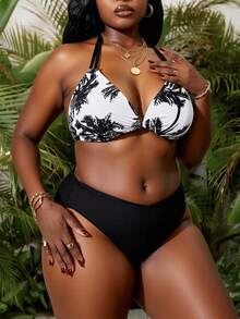 Slaydiva Summer Beach Plus Coconut Tree Print Halter Triangle Bikini Top - Black and White - View 2