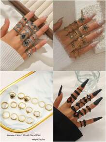 Set de 15 anillos de mujer con grandes gemas con diseño de flor y hoja calados en estilo vintage exagerado, accesorio de joyería para uso diario, ideal como regalo de San Valentín