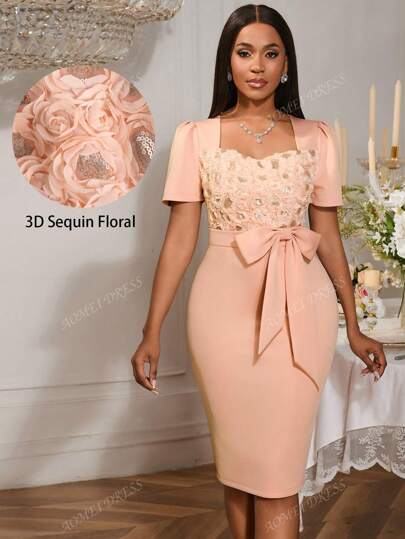 Robe de mariée rose 3D avec nœud appliqué. Tenue élégante pour soirée, mariage, demoiselle d'honneur, remise de diplôme, invité de mariage, rentrée scolaire