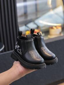 1 双儿童秋冬新款侧拉链刺绣靴，时尚百搭女童刺绣户外防滑靴 - 黑色 - 查看 5