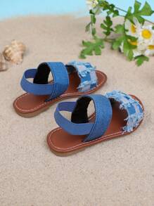 1 Pair New Style Children's Fashion Flat Sandals, Canvas Elastic Strap Design, & Versatile, Suitable For Girls Outdoor, Casual, Beach Wear