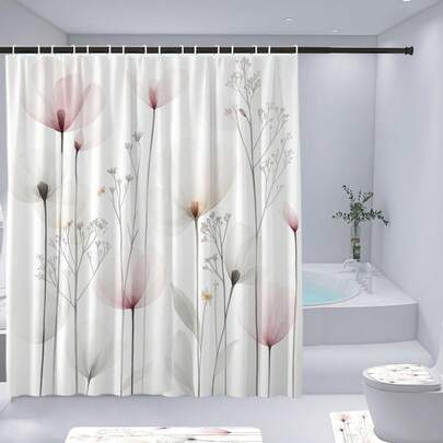 1-4pcs Elegant Watercolor Floral Pattern Shower Curtain Set, Waterproof Polyester Fabric, Minimalist Spring/Fall Decor Home Decor, Includes Toilet Lid Cover, U-Shaped Mat, Bathroom Anti-Slip Mat Bathroom Accessories Back To School Bathroom Decor