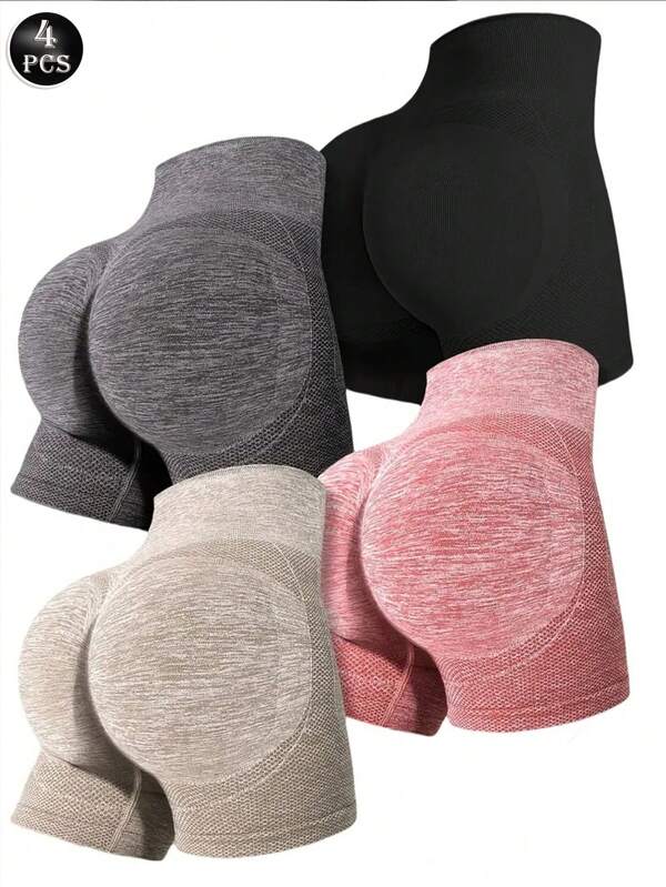 4pcs/Pack Seamless Knitted Yoga Shorts, Elastic Waist & Tummy Control, Breathable Sports Tights For Fitness, Running, Hiking, Casual Outdoor Activities