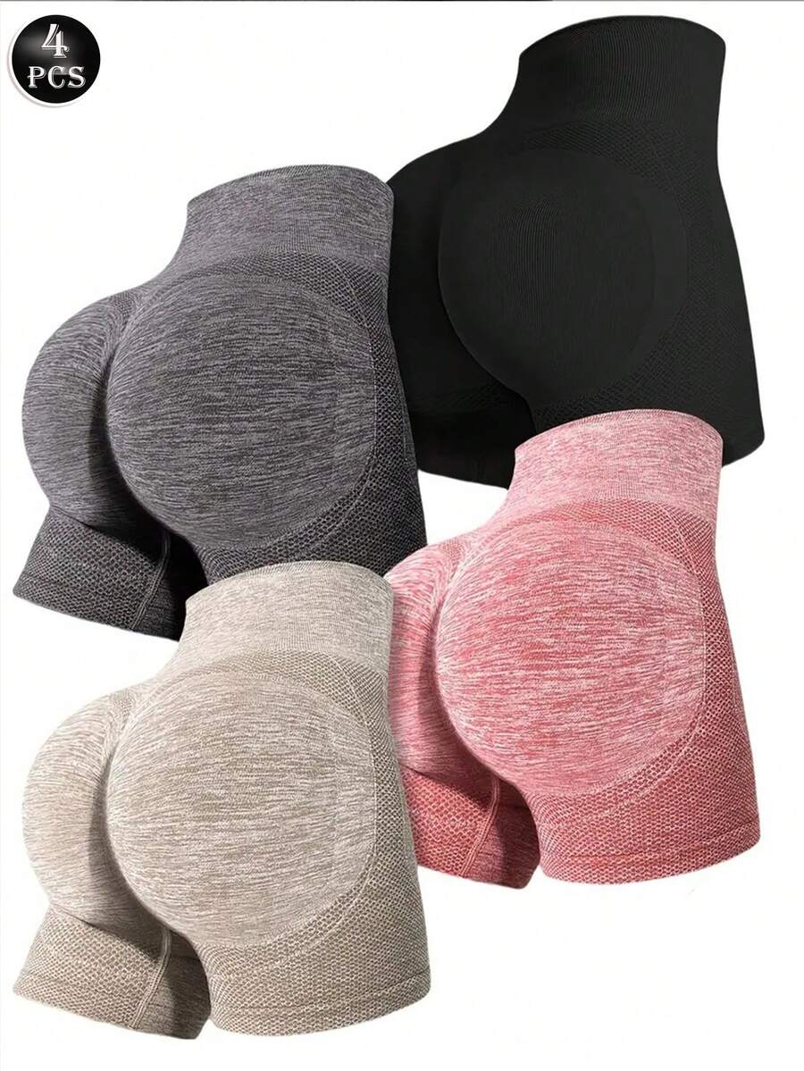 4pcs/Pack Seamless Knitted Yoga Shorts, Elastic Waist & Tummy Control, Breathable Sports Tights For Fitness, Running, Hiking, Casual Outdoor Activities