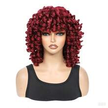 Synthetic Heat Resistant Wig Bouncy Full Curly Wig With Bangs 14 Inch BUG Chemical Fiber Wig With Bangs Daily Used Easy To Wear Beginner Friendly Big Bouncy Fluff Curly Wig - 酒紅色 - 查看 5