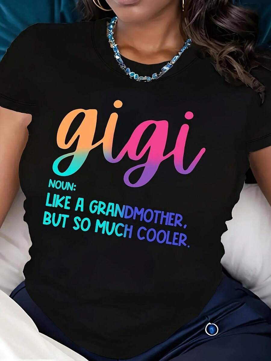 Plus Size Knit T Shirt Knit Fabric Casual Crew Neck T Shirt Gigi Alphabet Print All Season COMT Fit Tee Size L-3XL 4XL 5XL - 黑色 - 查看 1