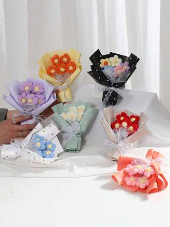 1 Bouquet Artificial Yarn Bubble Flowers, Gift Bag Included, Suitable As Mother's Day, Birthday, Holiday, Party, Back To School, Valentine's Day Gift
