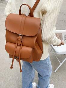 Stylish Black Leather - Like Backpack With Retro Buckle Design For Outings - Brown - View 2