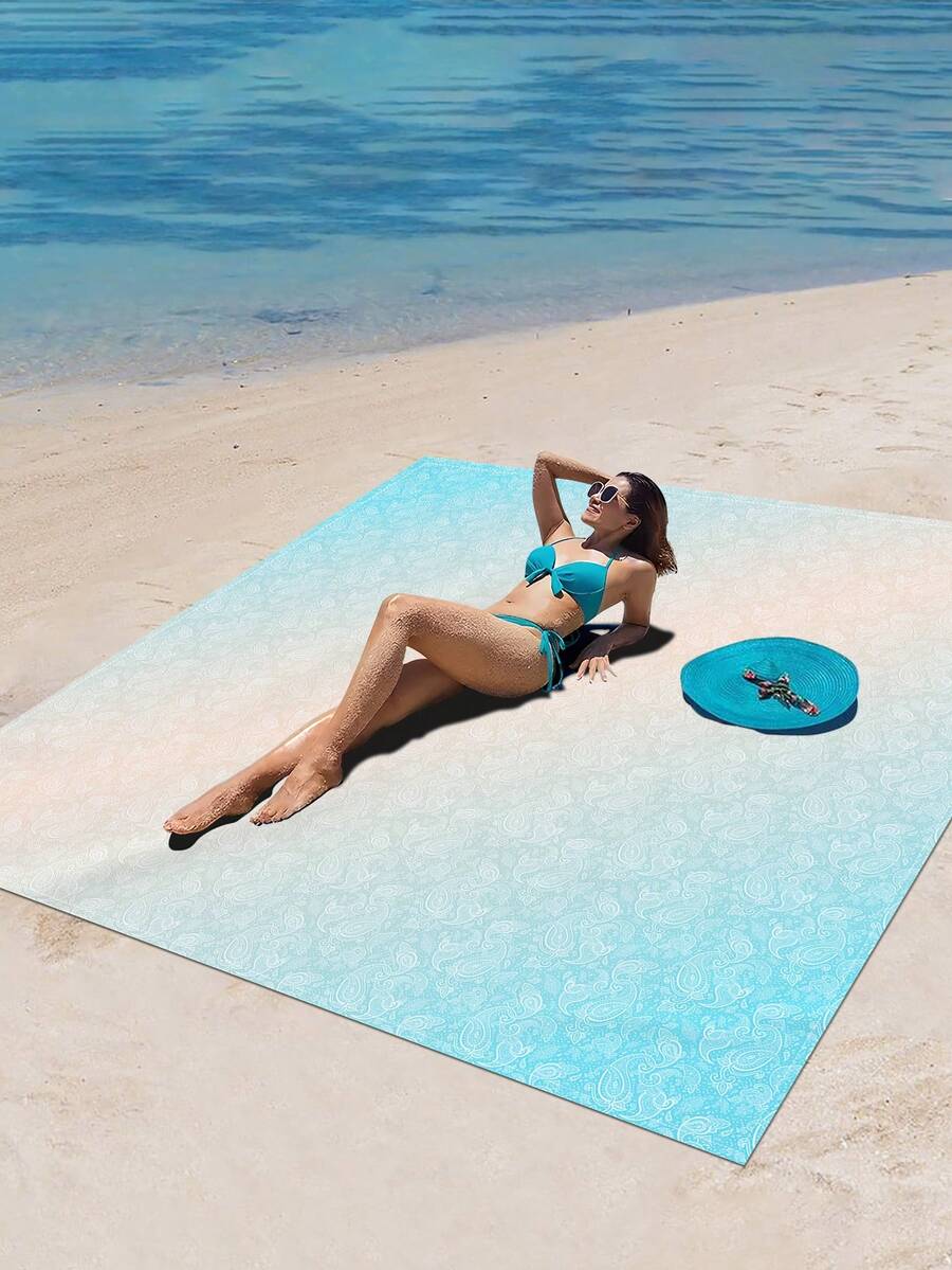1 pieza Manta de picnic al aire libre estilo bohemio impermeable y a prueba de polvo, con estampado digital floral con degradado elegante y fresco, apta para acampar, picnic al aire libre, playa - Multicolor - Ver 1