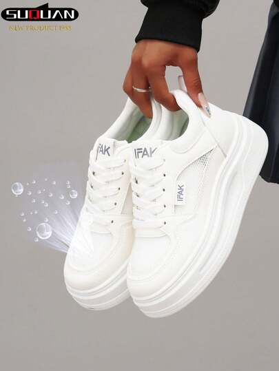 女式校园风镂空透气厚底运动鞋，交叉系带，米色，适合户外和休闲穿着