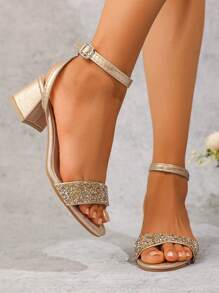 1 Pair Teenage Girls Crystal Studded Strappy Peep Toe High Heel Sandals, PU Leather Comfortable Non-Slip Durable, Suitable For Party, Campus, Dating, Party, Outing 2025 New