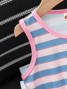 Set de 2 piezas con Top sin mangas de cuello redondo con rayas y flores + pantalones cortos de mezclilla de estilo sencillo para niña