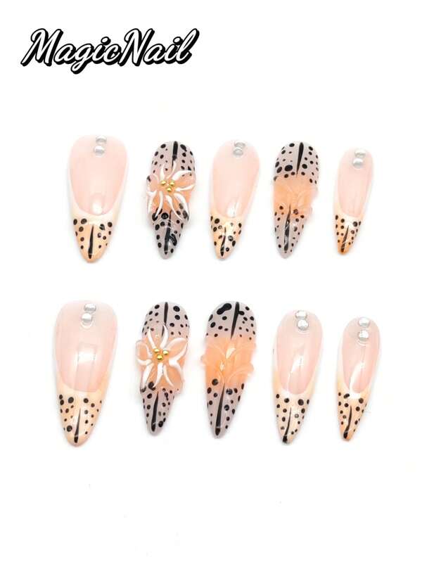 10 Pieces Of Pure Hand-Pressed Wearable Nails, Press On Nails,Nail Supplies,Nails Ptess On,Beach Essentials,33mm Long Nail Pieces, Pink, White, White, Orange And Yellow Gradient, Handmade Convex Flowers, White Strokes With Golden Small Ball Stamens, Hand-Painted Black Lines, Black Dots, White Rhinestone Embellishments, And Bulging Lines Are Thread-Shaped. Spring And Summer Style, Cute Nail Film. Suitable For Daily Leisure And Vacation Wear.