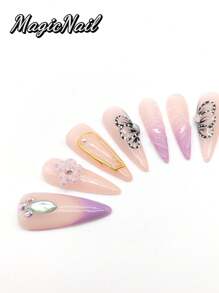 10 Pieces Of Pure Hand-Pressed Wearable Nails, Press On Nails,Nail Supplies,Nails Ptess On,Beach Essentials,33mm Long Nail Pieces, Pink And White Purple Gradient, Hand-Painted Black Butterfly Wing Patterns, Hand-Made Raised Flowers Purple Rhinestone Stamens, Other Aquatic Animal Footprints, Raised Lines To Decorate The Nail Surface. Spring And Summer Style, Cute Nail Plate, Can Be Worn Repeatedly. Suitable For Daily Leisure And Vacation Wear.