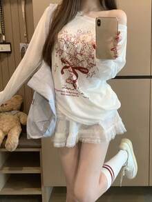 Printed Asymmetric Shoulder Long Sleeve T-Shirt Women's Summer Loose Sunscreen Shrug Shirt, Stylish & Versatile Lightweight Top - White - View 2