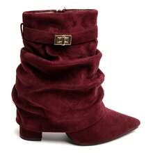 Women's Solid Color Pointed Toe Zipper Mid-Calf Boots With Buckle - Burgundy - View 4