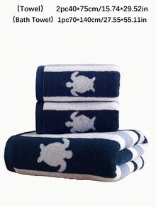 QIBHI 3/2/1件套毛圈提花海龟条纹浴巾/手巾，吸水性强，适用于浴室、酒店、健身房、旅行、礼品、沙龙、运动、户外、海滩、学校、返校季、旅行配件、家居用品 - 藏藍色條紋 - 查看 3