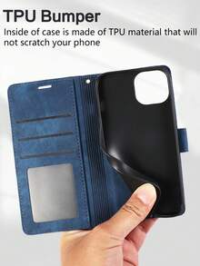 PU皮革基础款防摔手机壳，带信用卡槽，翻盖钱包式手机壳 - 藍色 - 查看 6