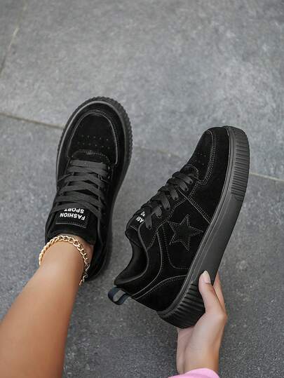 Women's Minimalist Niche Black Front Tied Comfy Casual Sneakers, Outdoor Popular Daily Personalized Couples Campus Sports Shoes