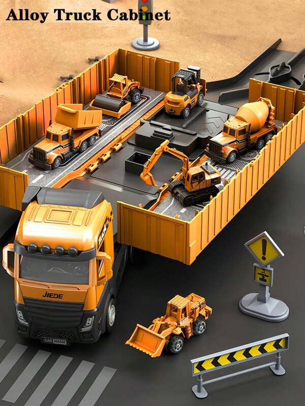 Juego de vehículos de construcción de aleación y plástico mixto, colección de modelos de coches realistas y geniales, juguetes de construcción de excavadora para niños, regalo de Navidad y cumpleaños, coche de inercia, se puede ensamblar y empujar para conducir, sin batería requerida