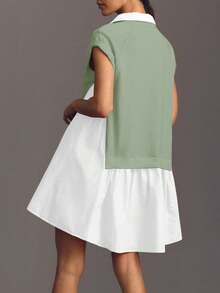 Womens Summer Sweatshirt Dresses Short Sleeve V Neck Casual Oversized Patchwork Mini Dress - màu xanh lá - Xem 2