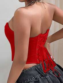 Women's Retro Strapless Sheer Mesh Corset Crop Top, Sexy Backless Camisole For Music Festival, Valentine's Day, Wedding Season - Red - View 2
