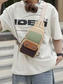 新款男士胸包，带多个口袋，撞色斜挎包，多功能休闲运动单肩包，骑行包，多层小布艺斜挎包 - 卡其色 - 查看 5